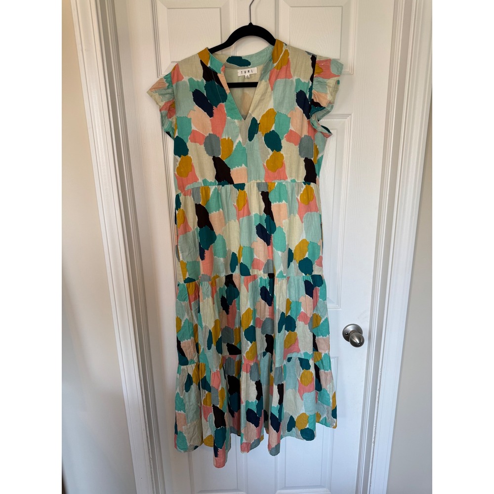 100% Cotton THML Abstract Brushstroke Tiered Midi Dress Ruffle Sleeve Multi